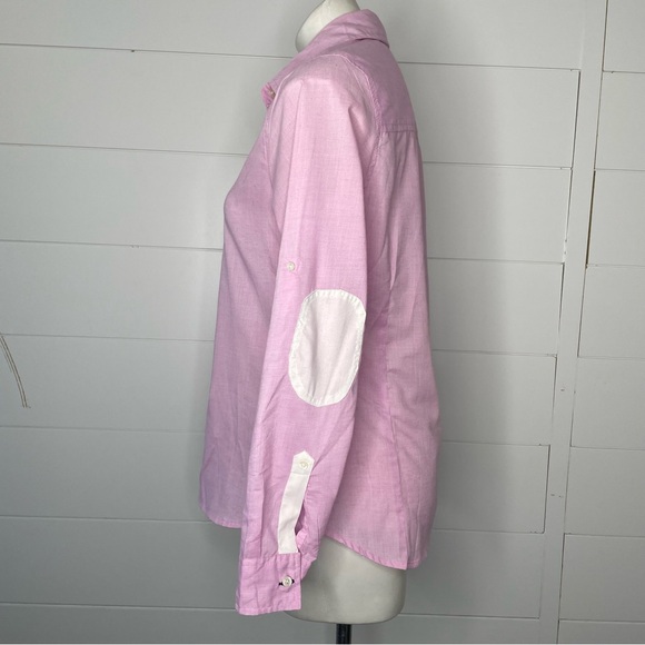 Tommy Girl Oxford Button Up L Pink Lilac White Elbow Patches Tab Sleeves Lace - Picture 2 of 11